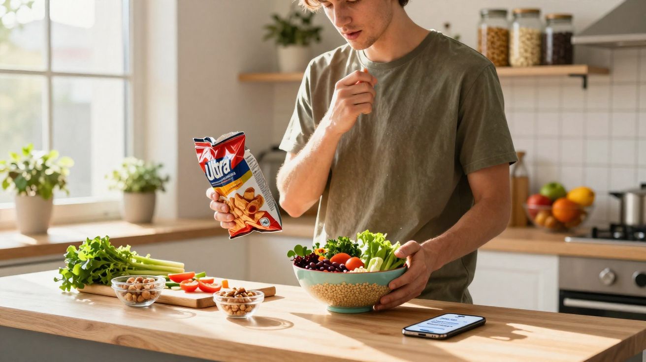 Jovem prepara salada com legumes frescos e snacks na cozinha iluminada por luz natural.