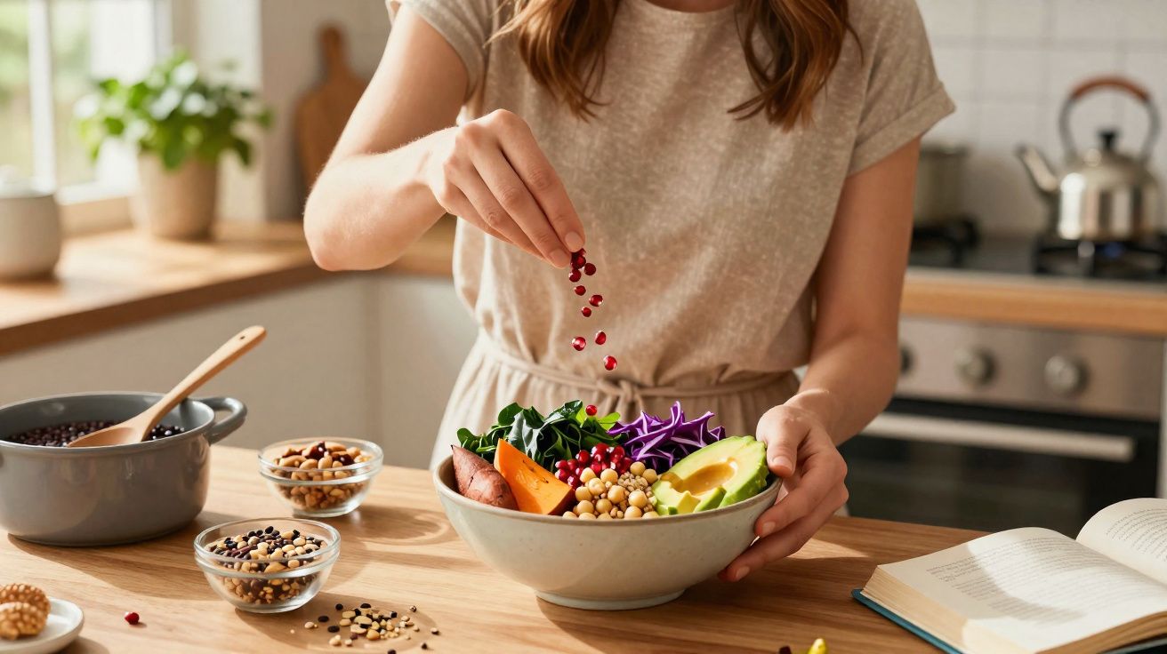 Pessoa a preparar uma salada saudável com legumes, grãos e sementes numa cozinha moderna.