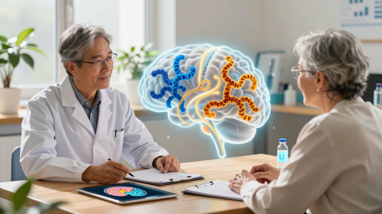 Dois médicos a discutir diagnóstico com ilustração digital de cérebro sobre mesa clínica.