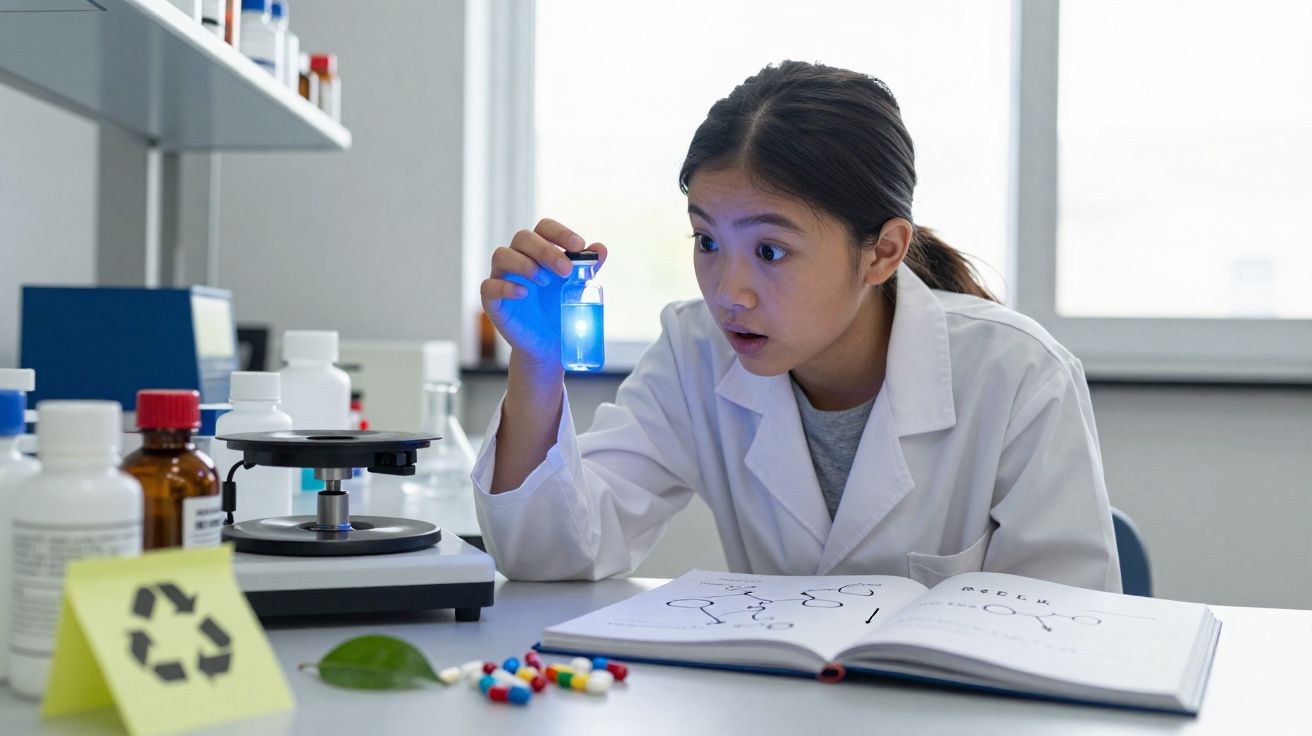 Jovem cientista com bata branca observa surpresa um frasco com líquido azul numa mesa de laboratório.