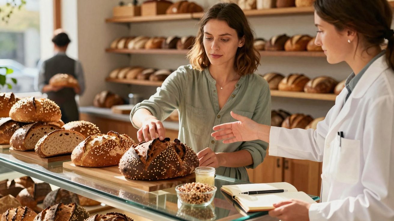 Cliente a escolher pão num balcão de padaria enquanto funcionária observa com bloco de notas.