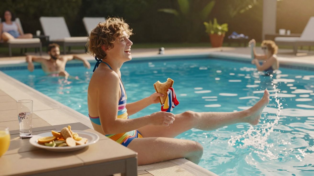 Pessoa a sorrir e a comer uma sanduíche à beira de uma piscina com outras pessoas a relaxar na água.