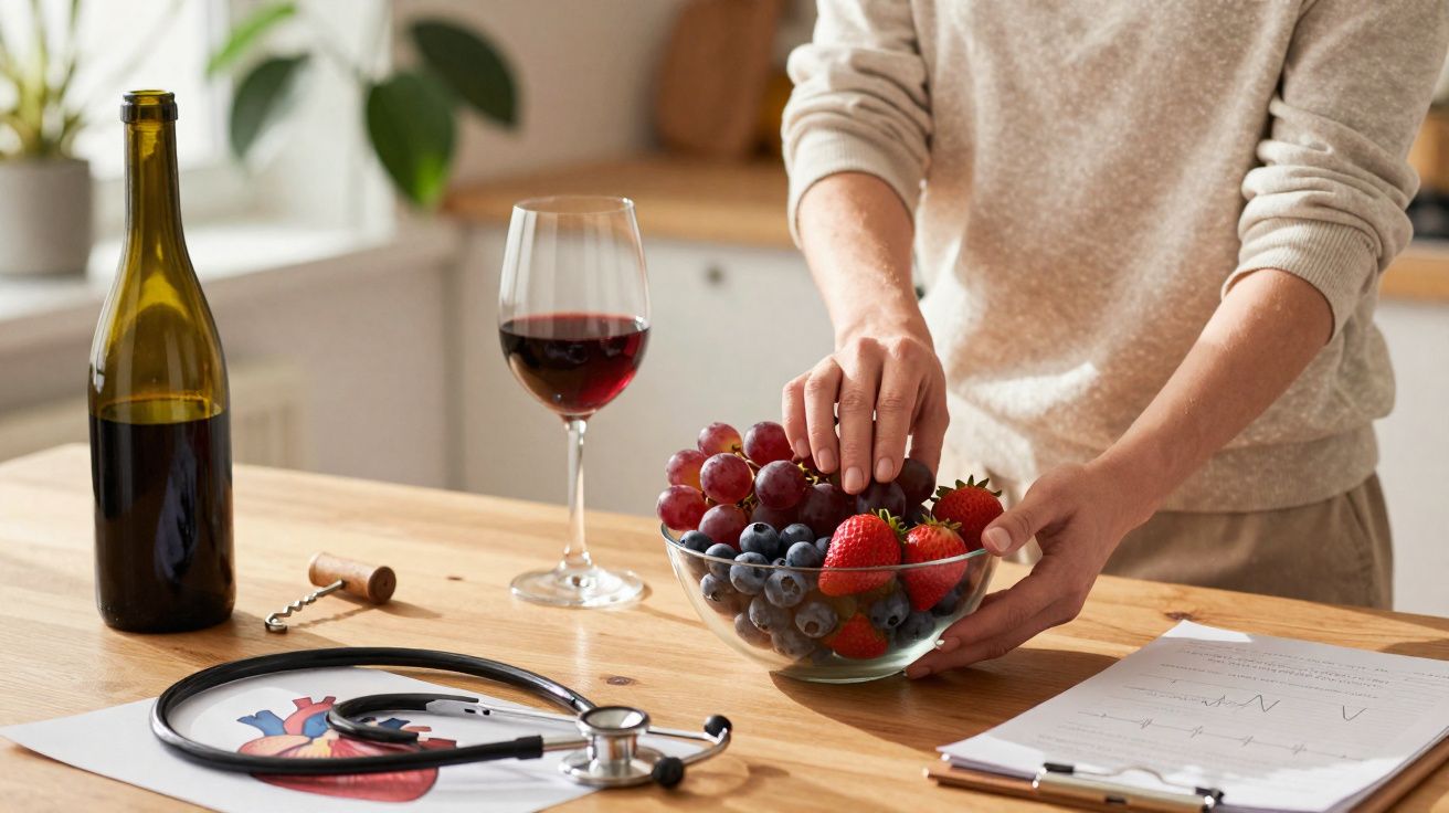 Pessoa a organizar frutas numa taça ao lado de um copo de vinho tinto, garrafa e materiais médicos na mesa.