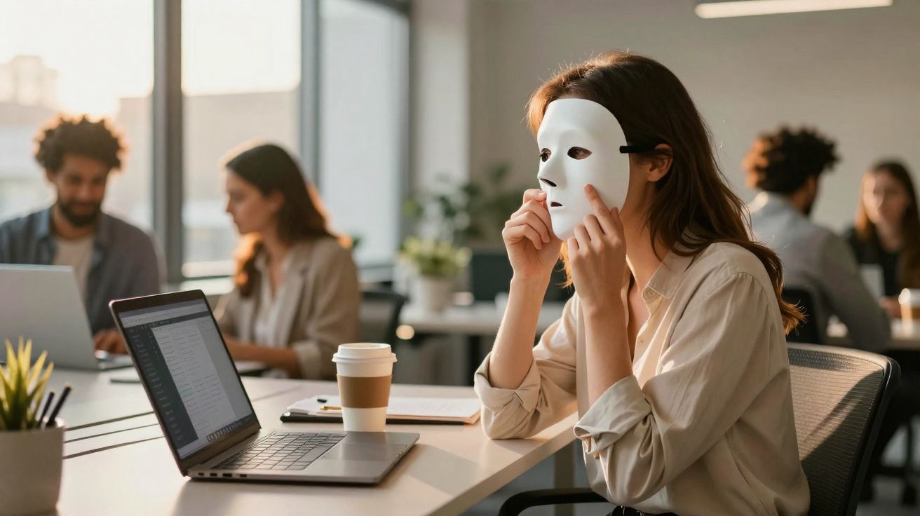 Pessoa numa mesa de escritório a usar uma máscara branca, com colegas ao fundo a trabalhar em computadores.