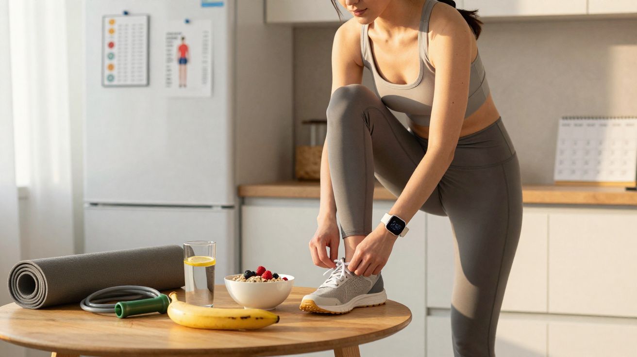 Mulher vestida com roupa de exercício a amarrar sapatilhas numa cozinha com fruta e acessórios de treino numa mesa.