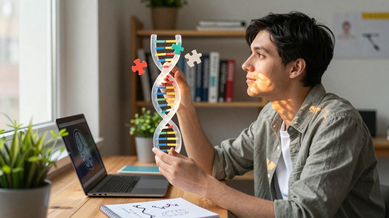 Jovem junto ao computador monta modelo de ADN em forma de puzzle numa mesa iluminada pela luz natural.