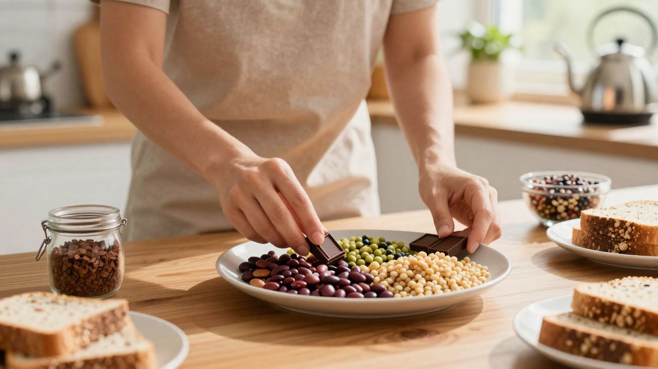 Pessoa a segurar pedaços de chocolate junto a prato com leguminosas variadas numa cozinha iluminada.