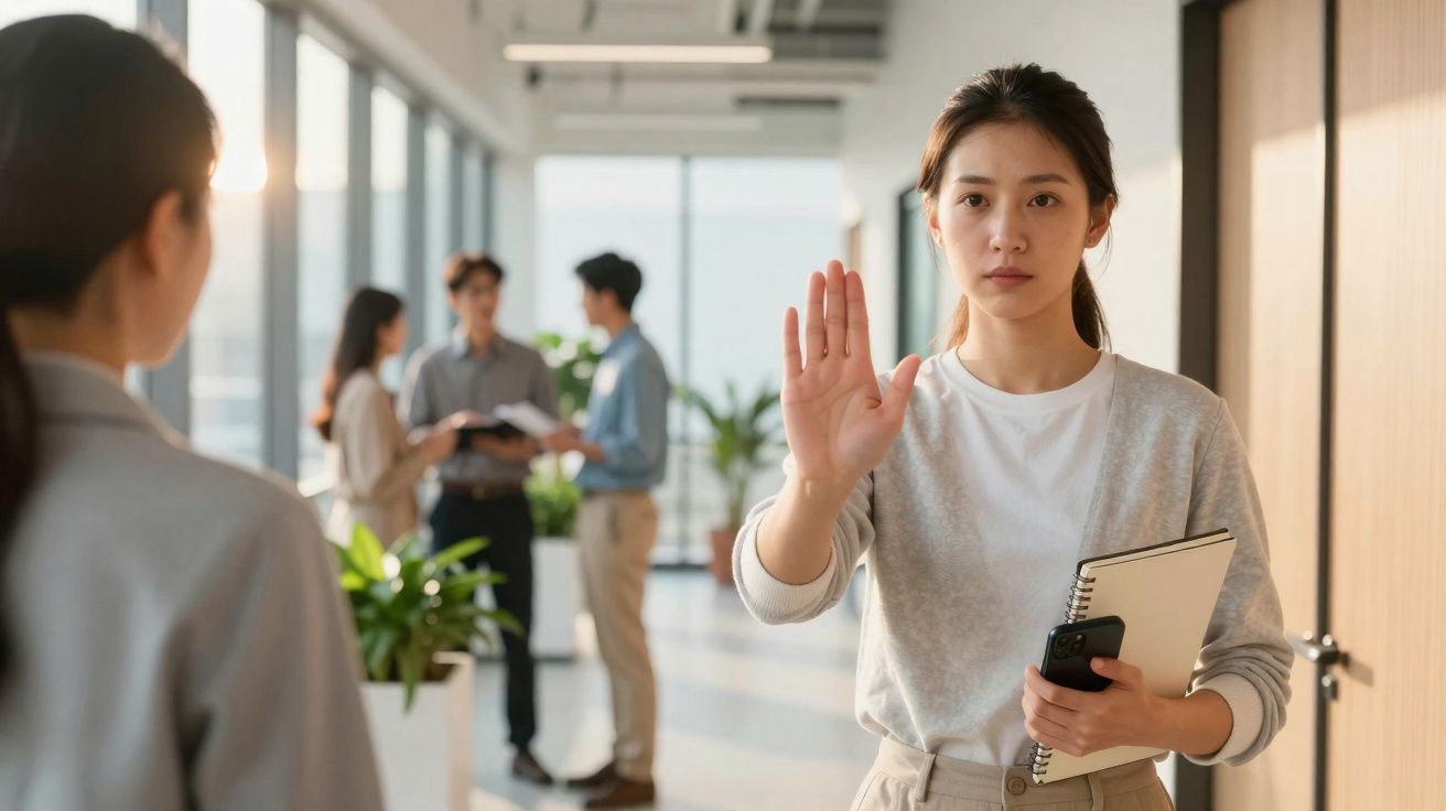 Mulher com expressão séria a levantar a mão em sinal de paragem num escritório moderno.