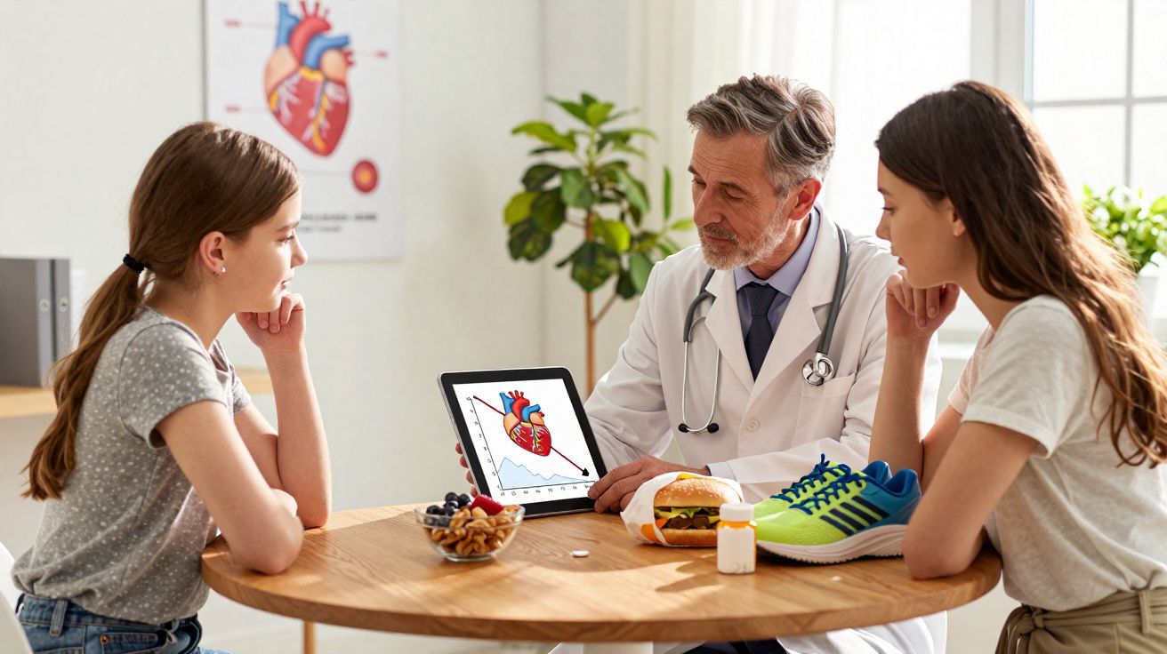 Médico explica dieta saudável a duas jovens com tablet, mostrando imagem de coração e alimentos na mesa.