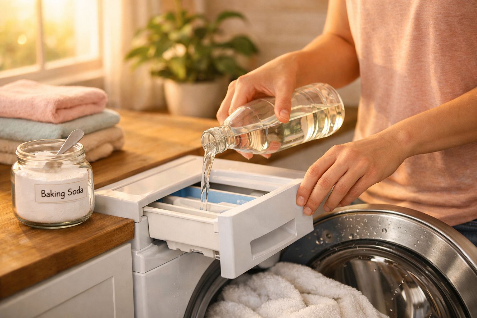Pessoa a verter líquido numa máquina de lavar roupa, com bicarbonato de sódio ao lado.
