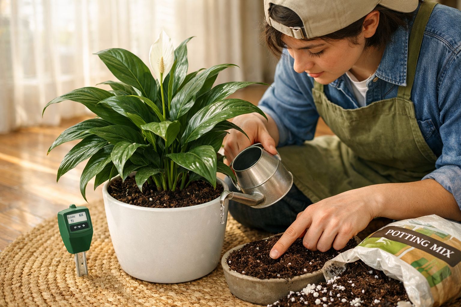 Pessoa a cuidar de planta em vaso branco, regando e verificando terra em recipiente no chão.