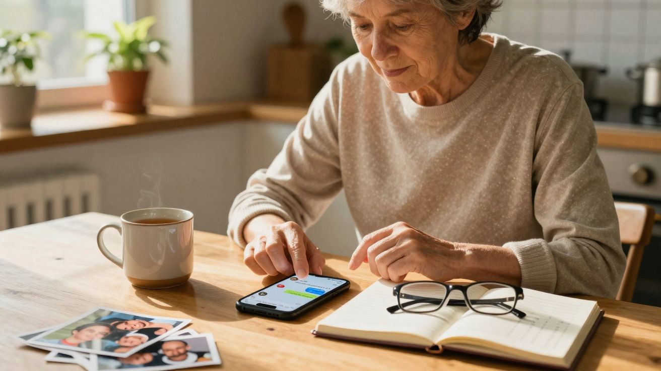 Mulher idosa sentada à mesa usando telemóvel, com chá quente, óculos e fotos familiares à sua frente.