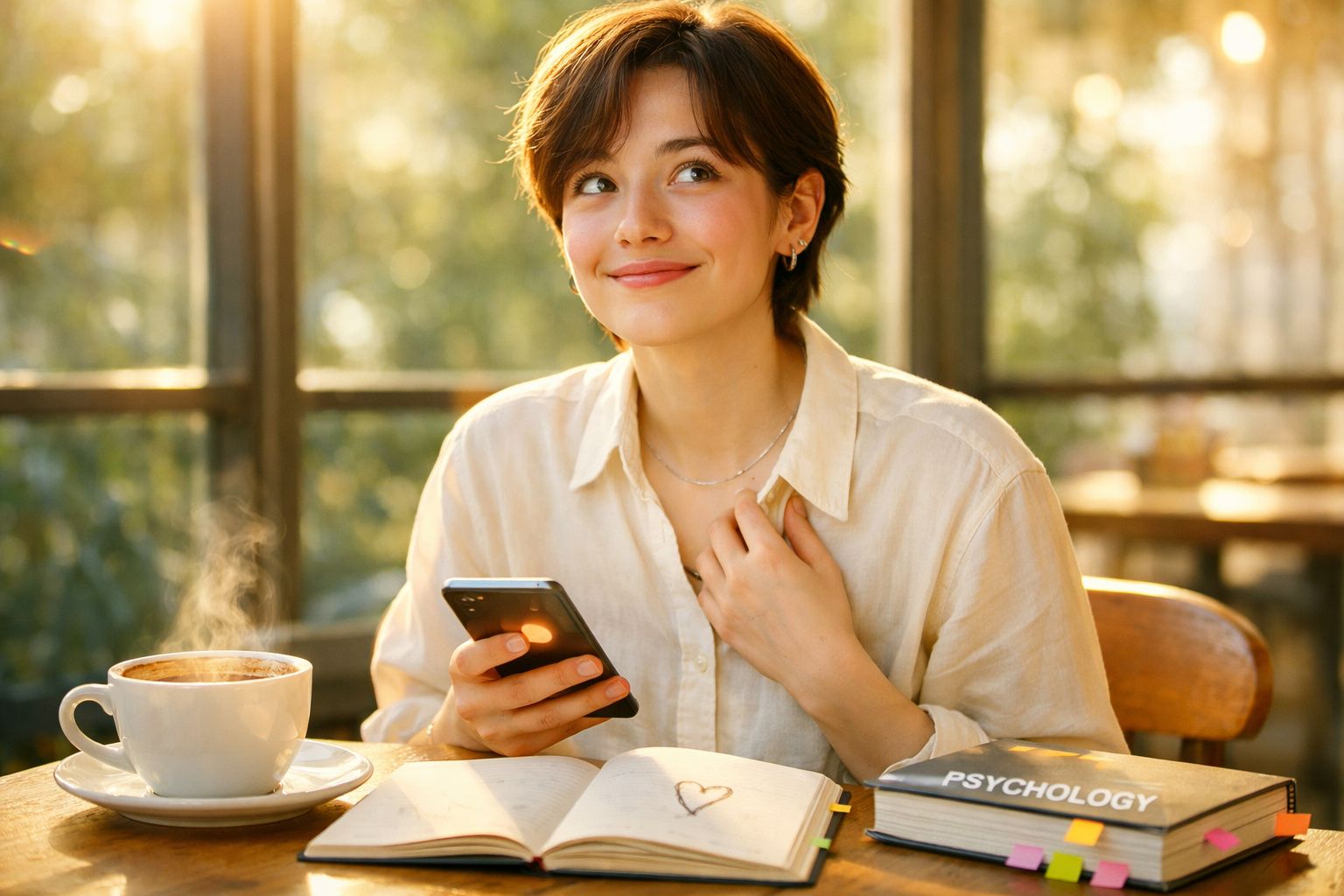 Jovem mulher sorridente segura telemóvel sentada numa mesa com livro aberto, chá quente e livro de psicologia.