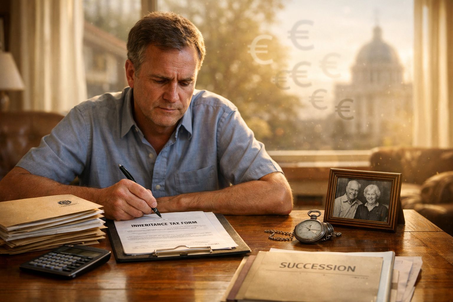 Homem preenchendo formulário de imposto de herança numa mesa com documentos e foto de idosos.