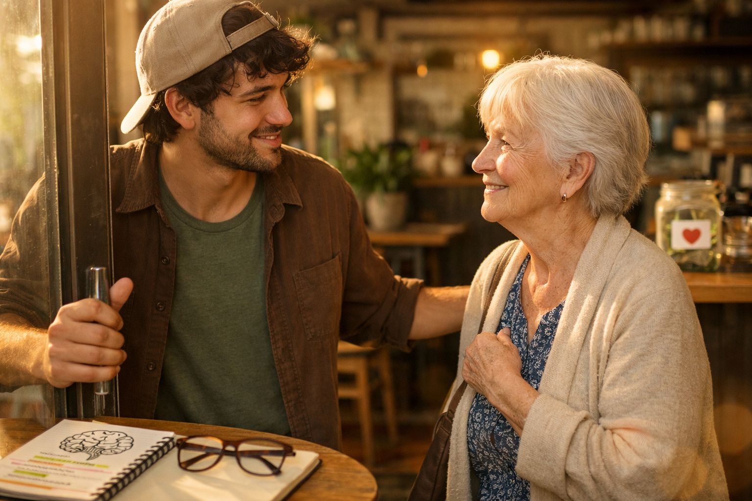 Homem jovem e mulher idosa sorriem um para o outro num café acolhedor, transmitindo afeto e cumplicidade.