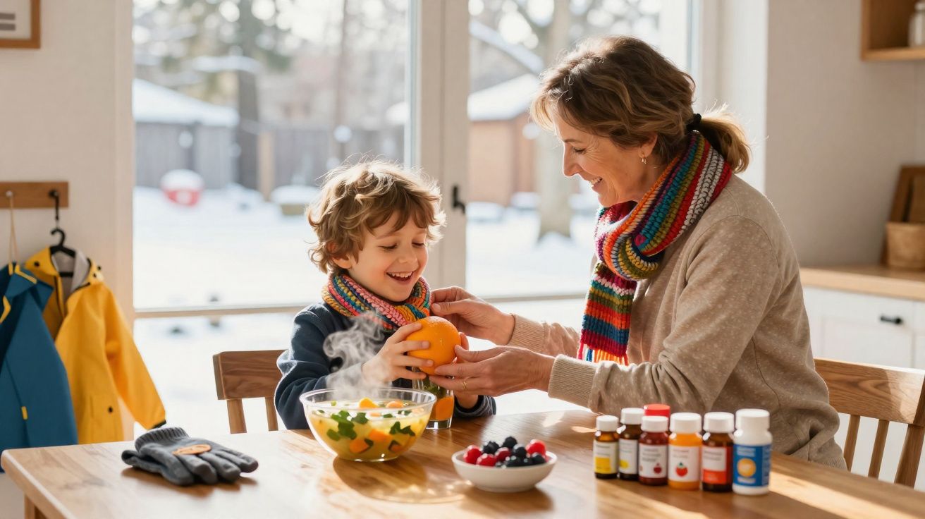 Mulher ajuda criança a descascar laranja num café enquanto ambos usam cachecóis coloridos.