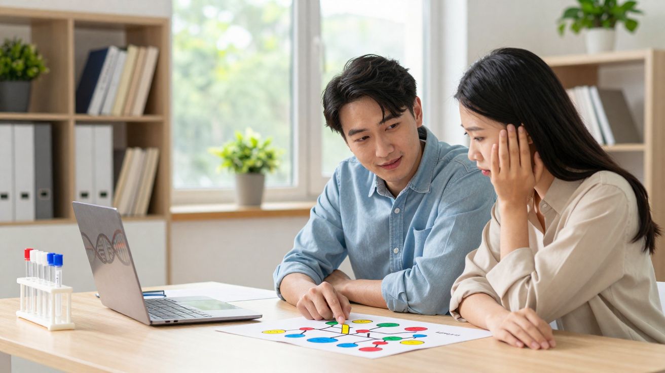 Duas pessoas analisam um gráfico colorido numa mesa com computador portátil e tubos de ensaio ao lado.
