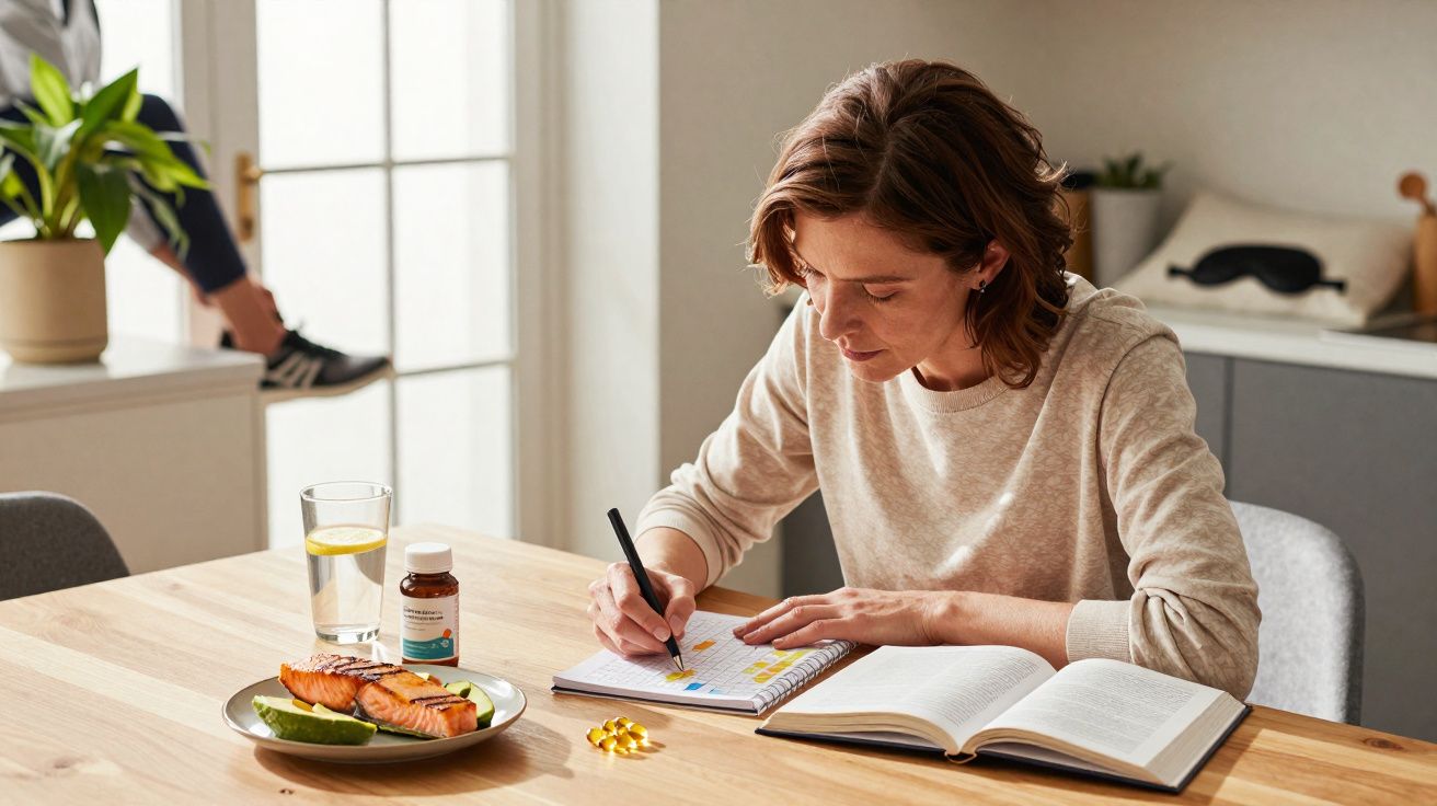 Mulher a fazer apontamentos num caderno, com comida saudável e suplementos sobre a mesa.