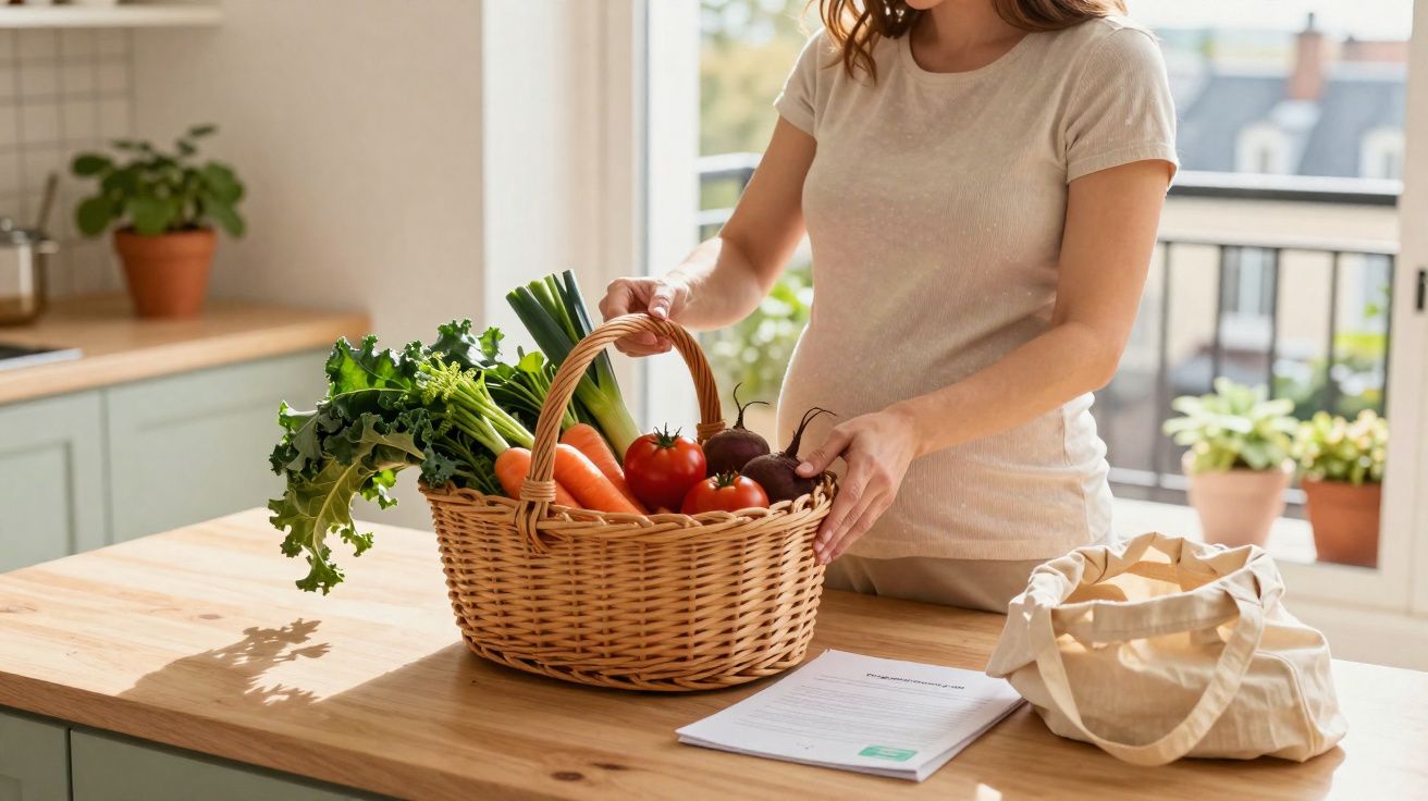 Mulher grávida numa cozinha com cesta de legumes frescos sobre a mesa de madeira.
