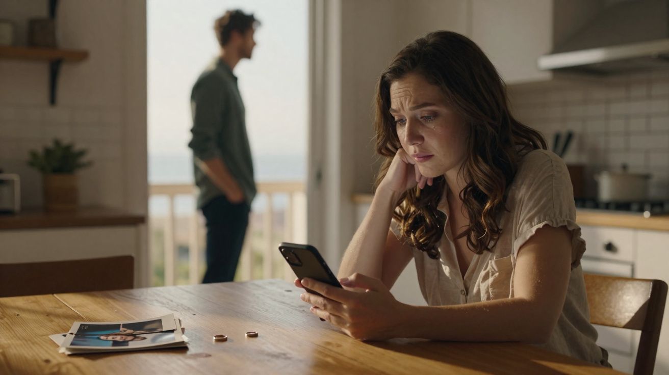 Mulher triste sentada à mesa a olhar para o telemóvel, homem de costas ao fundo, dois anéis e fotografias na mesa.