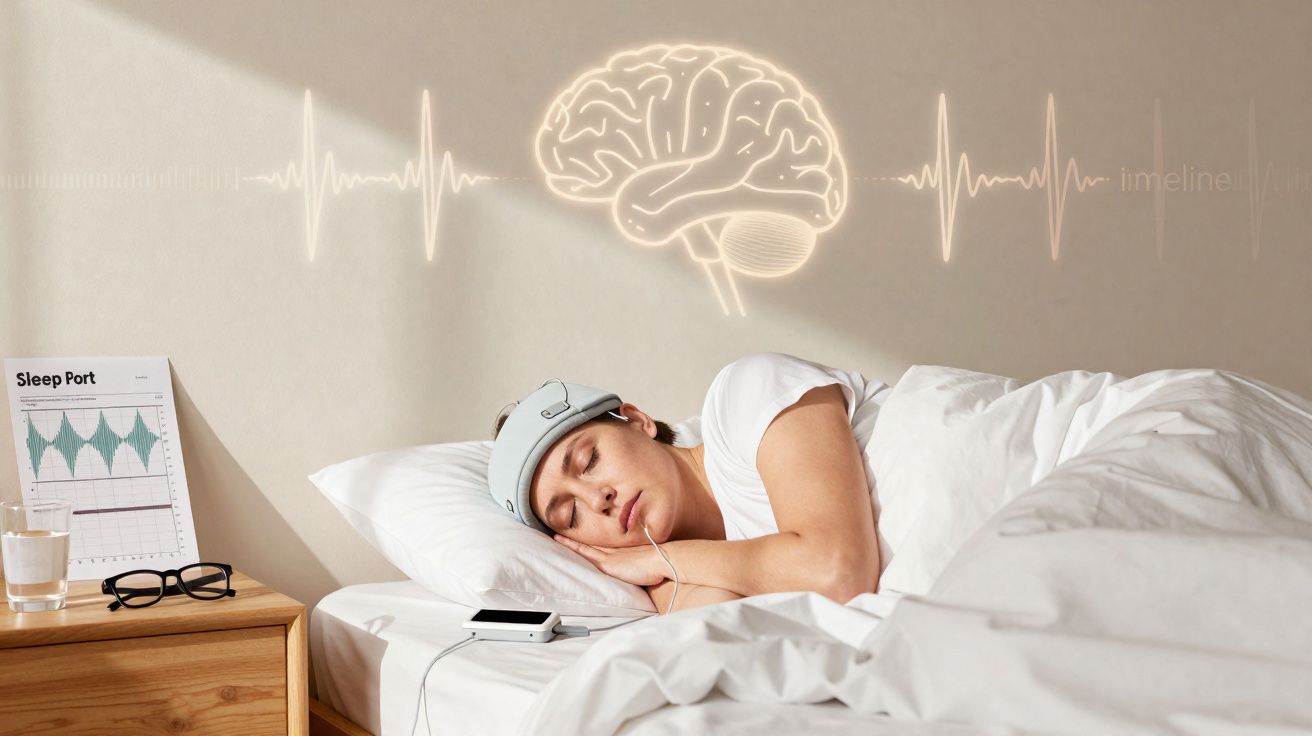 Pessoa a dormir com dispositivo de monitorização cerebral, gráficos e ícone de cérebro ao fundo.