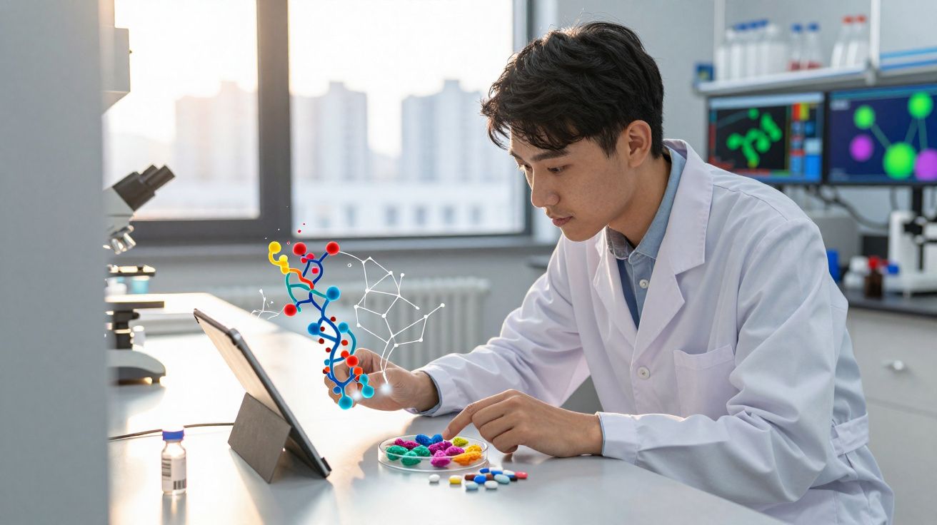 Cientista em laboratório, com bata branca, analisa molécula 3D projetada a partir de tablet digital.