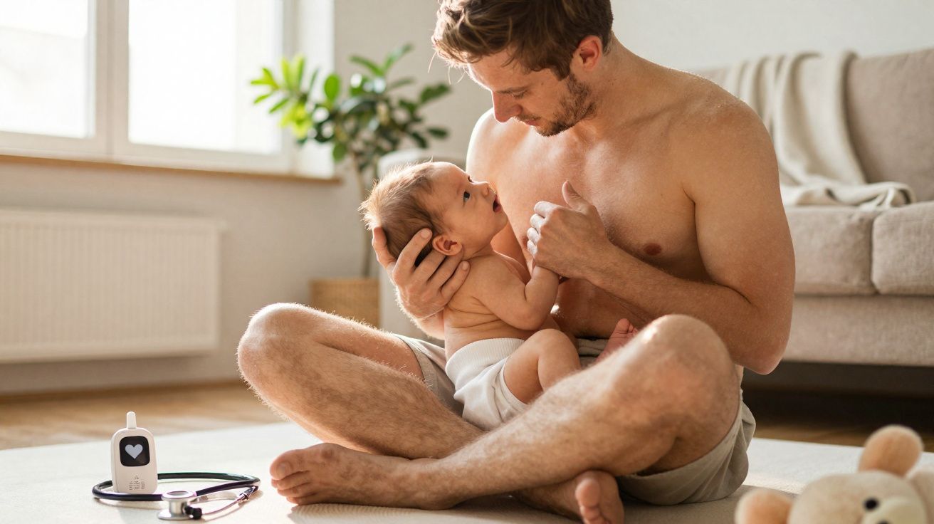 Pai sentado no chão a olhar carinhosamente para bebé que segura no colo numa sala iluminada.