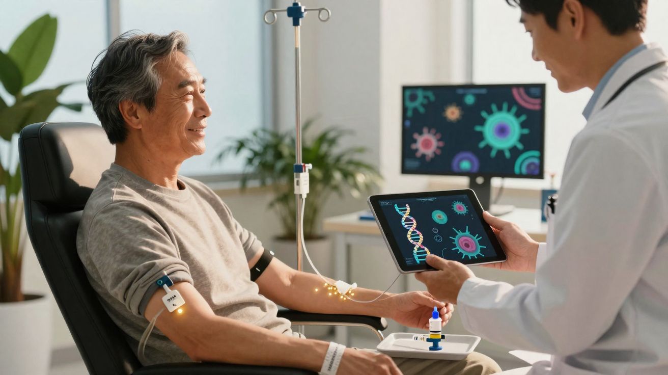 Paciente com infusão intravenosa sorri enquanto médico analisa dados genéticos numa tablet em consultório moderno.