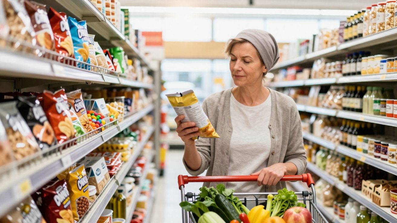 Mulher a ler rótulo de pacote no supermercado com carrinho cheio de frutas e legumes frescos.