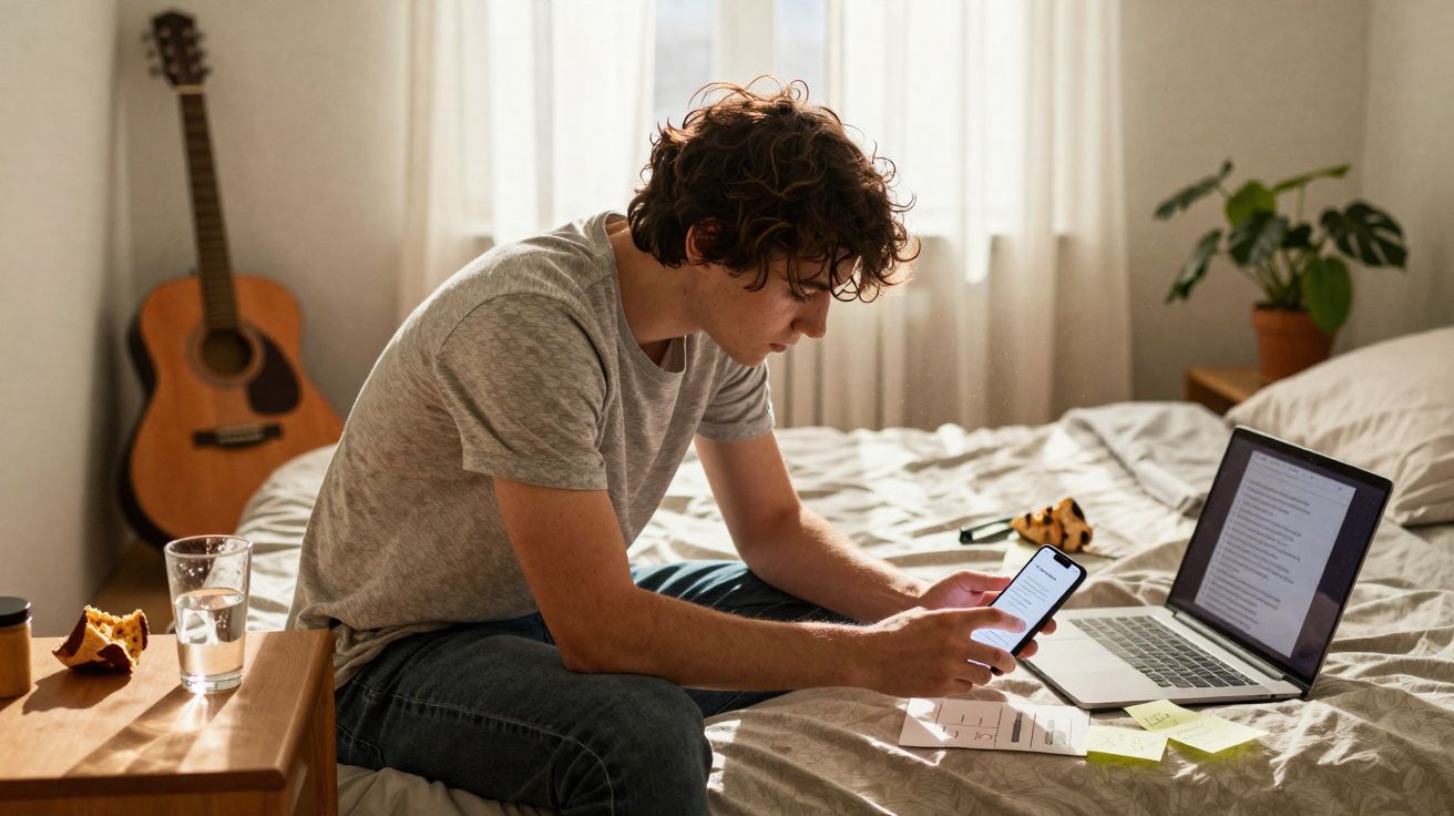 Jovem sentado na cama a trabalhar com telemóvel e computador portátil numa divisão iluminada.