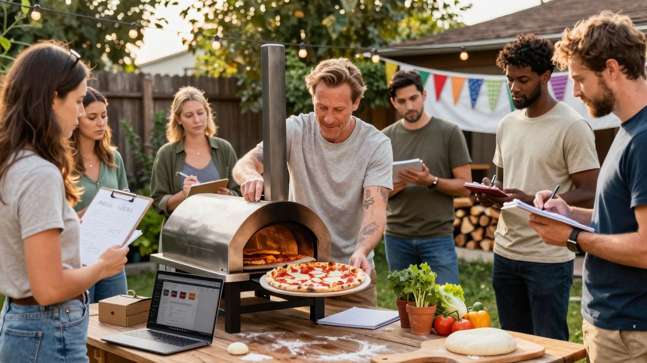 Homem a tirar pizza do forno enquanto grupo toma notas num workshop de culinária ao ar livre.