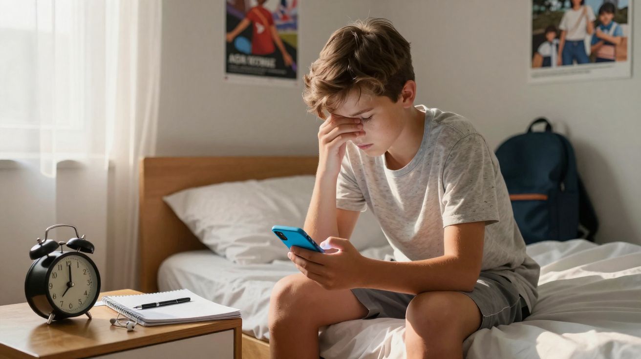 Rapaz sentado na cama a olhar para o telemóvel com expressão preocupada num quarto iluminado.