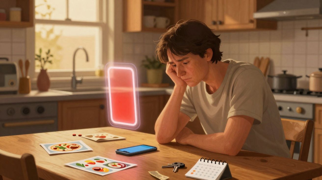 Homem preocupado sentado à mesa da cozinha, rodeado por cartas e calendário, olhando para um telefone.