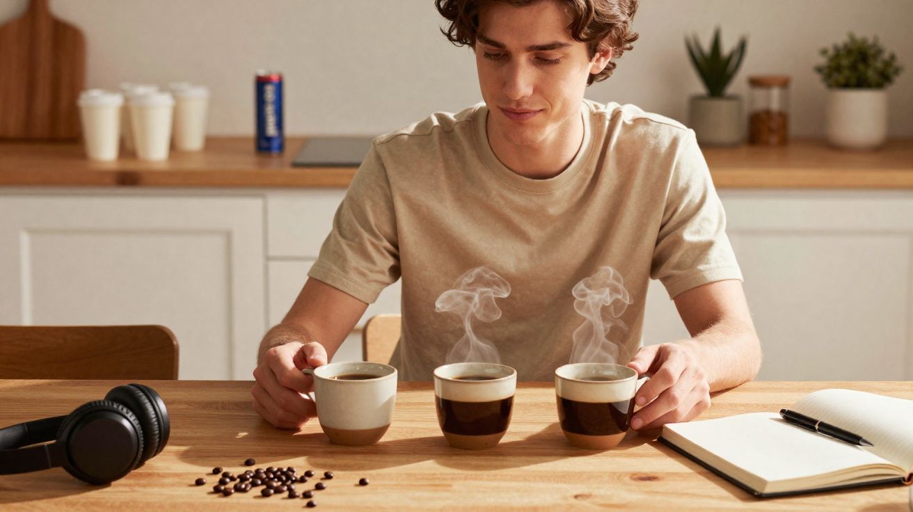 Jovem sentado à mesa com três chávenas de café a fumegar, auscultadores e caderno com caneta ao lado.