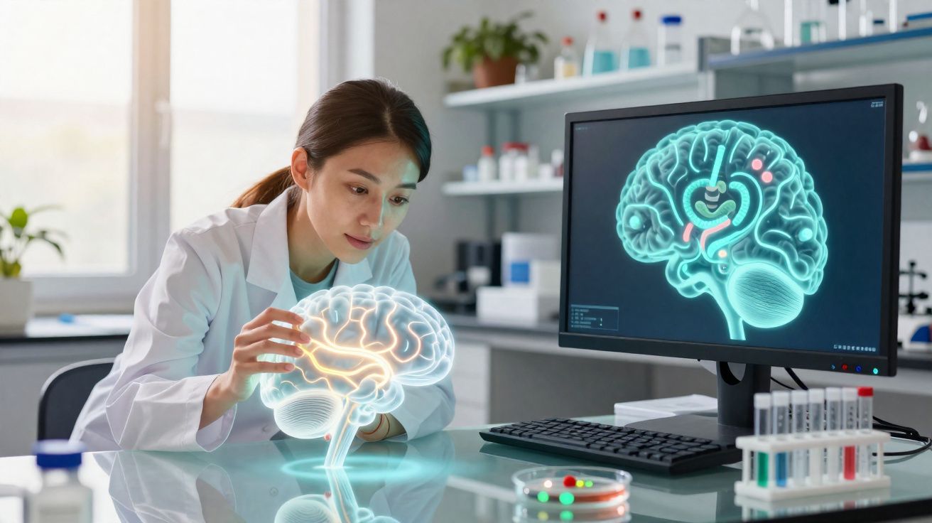 Cientista numa sala de laboratório a analisar um cérebro holográfico com imagem cerebral no monitor.