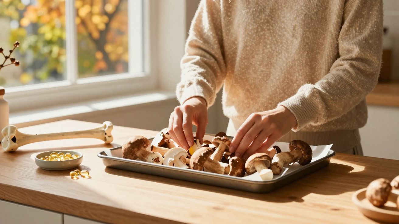 Pessoa a preparar cogumelos num tabuleiro metálico na cozinha com luz natural de janela ao fundo.