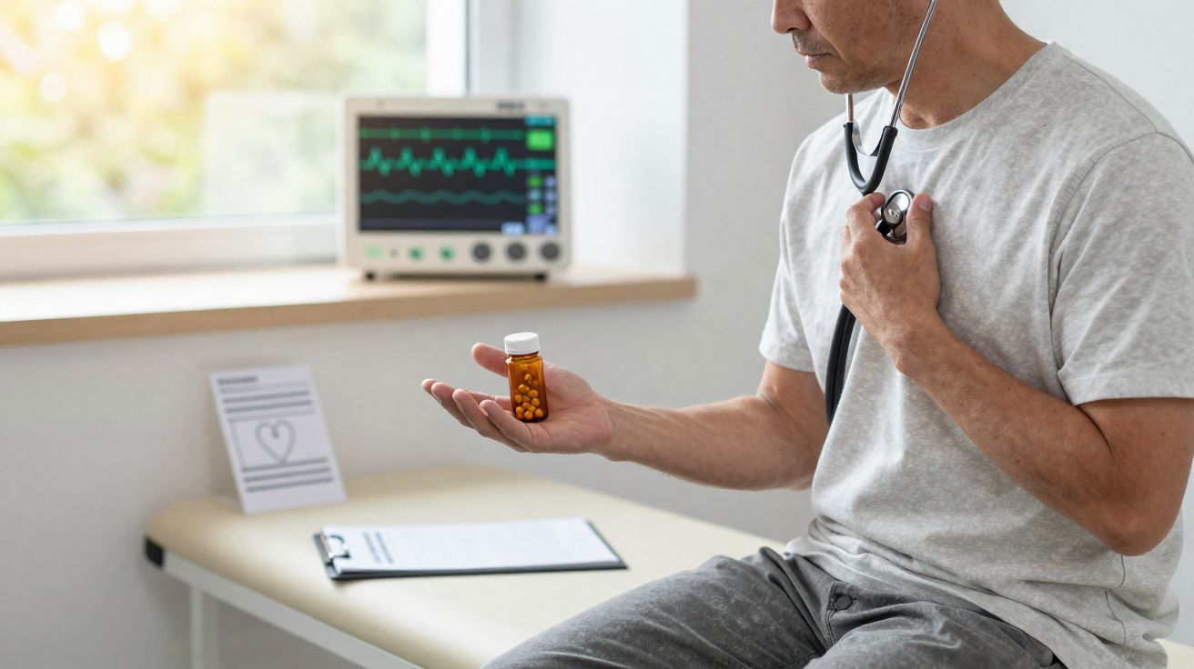 Homem sentado com estetoscópio, segurando frasco de comprimidos, com monitor cardíaco ao fundo.
