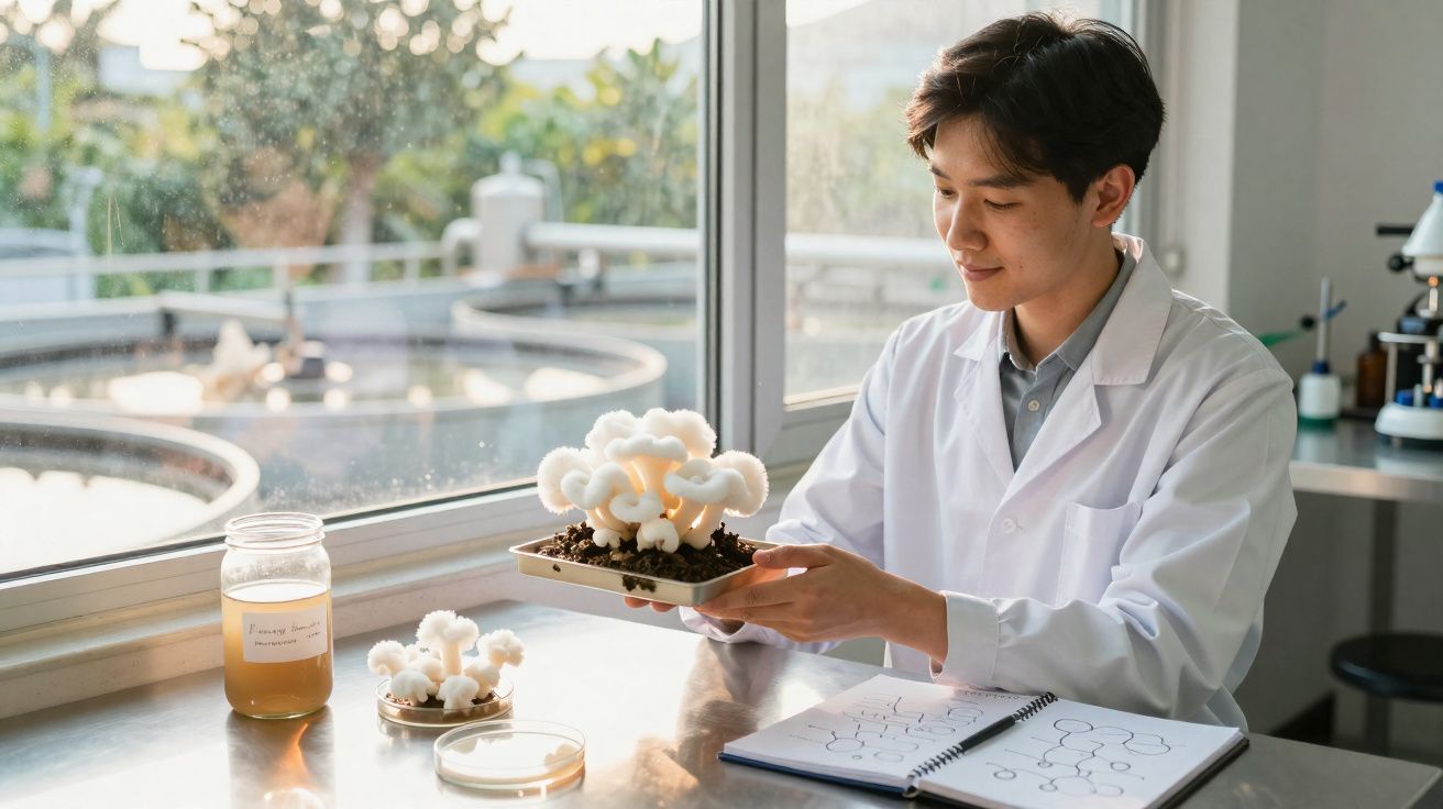 Cientista a examinar cultura de fungos brancos crescendo em recipiente num laboratório junto à janela.
