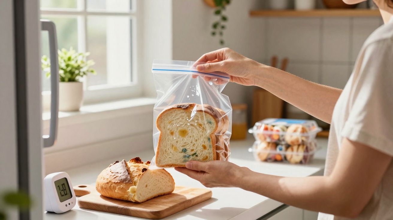 Pessoa a guardar fatias de pão em saco plástico transparente numa cozinha iluminada.