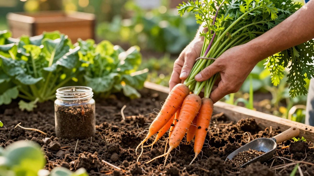 Mãos a recolher cenouras frescas do solo num jardim com terra escura e plantas ao fundo.