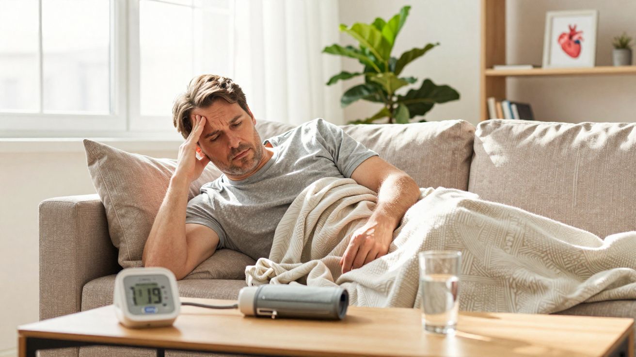 Homem deitado no sofá com manta, com expressão de dor, e medidor de pressão numa mesa à frente.