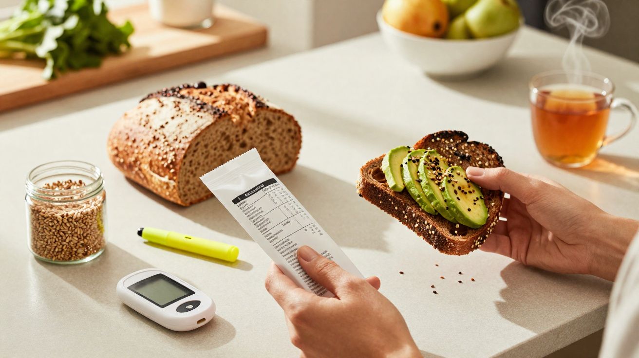 Pessoa a ler embalagem enquanto segura torrada com abacate, pão, medidor de glicose e chá na mesa.