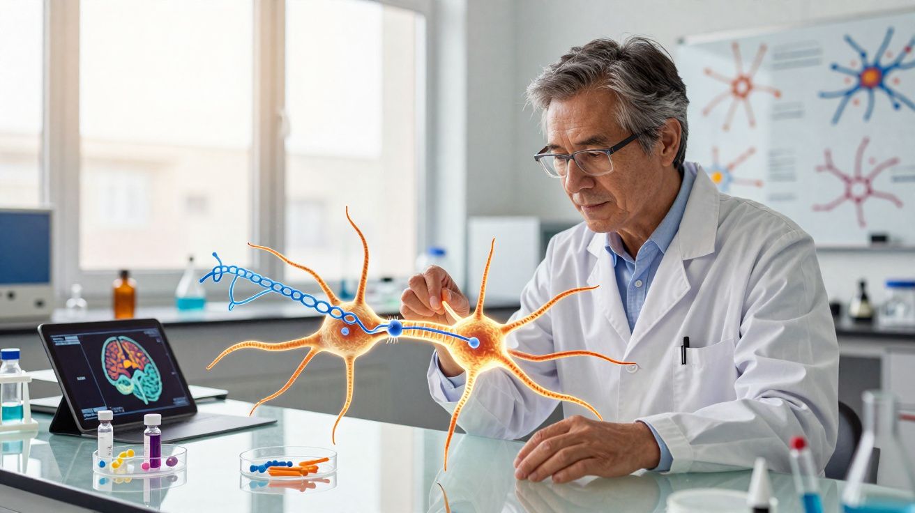 Cientista analisa modelo digital de neurónios num laboratório com equipamento de neurociência.