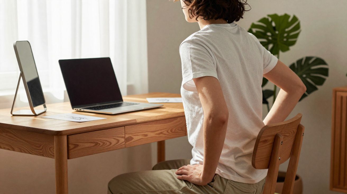 Pessoa a sentar-se com má postura numa cadeira de madeira junto a uma secretária com computador portátil e espelho.