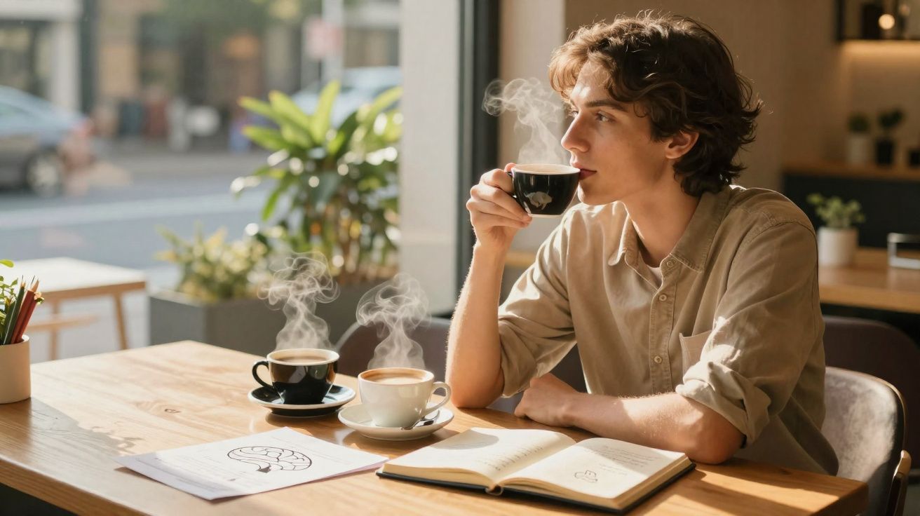 Homem sentado numa cafetaria a beber café quente enquanto olha para o exterior da janela.