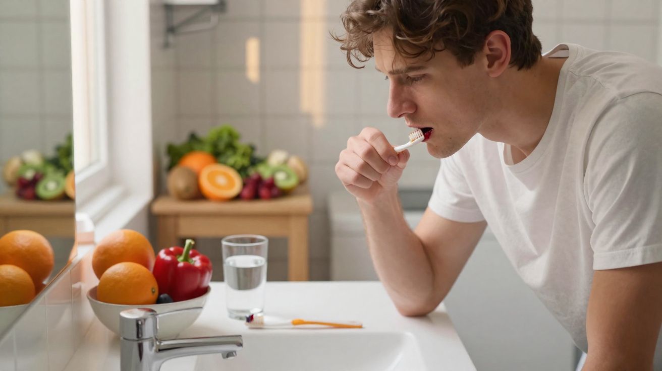 Homem a escovar os dentes numa casa de banho, com frutas e um copo de água sobre a pia.