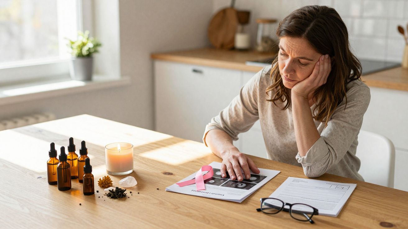 Mulher com expressão pensativa sentada à mesa com fitas cor de rosa, documentos e óleos essenciais.