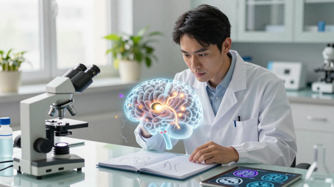 Cientista em laboratório a estudar um cérebro holográfico enquanto toma notas num caderno.