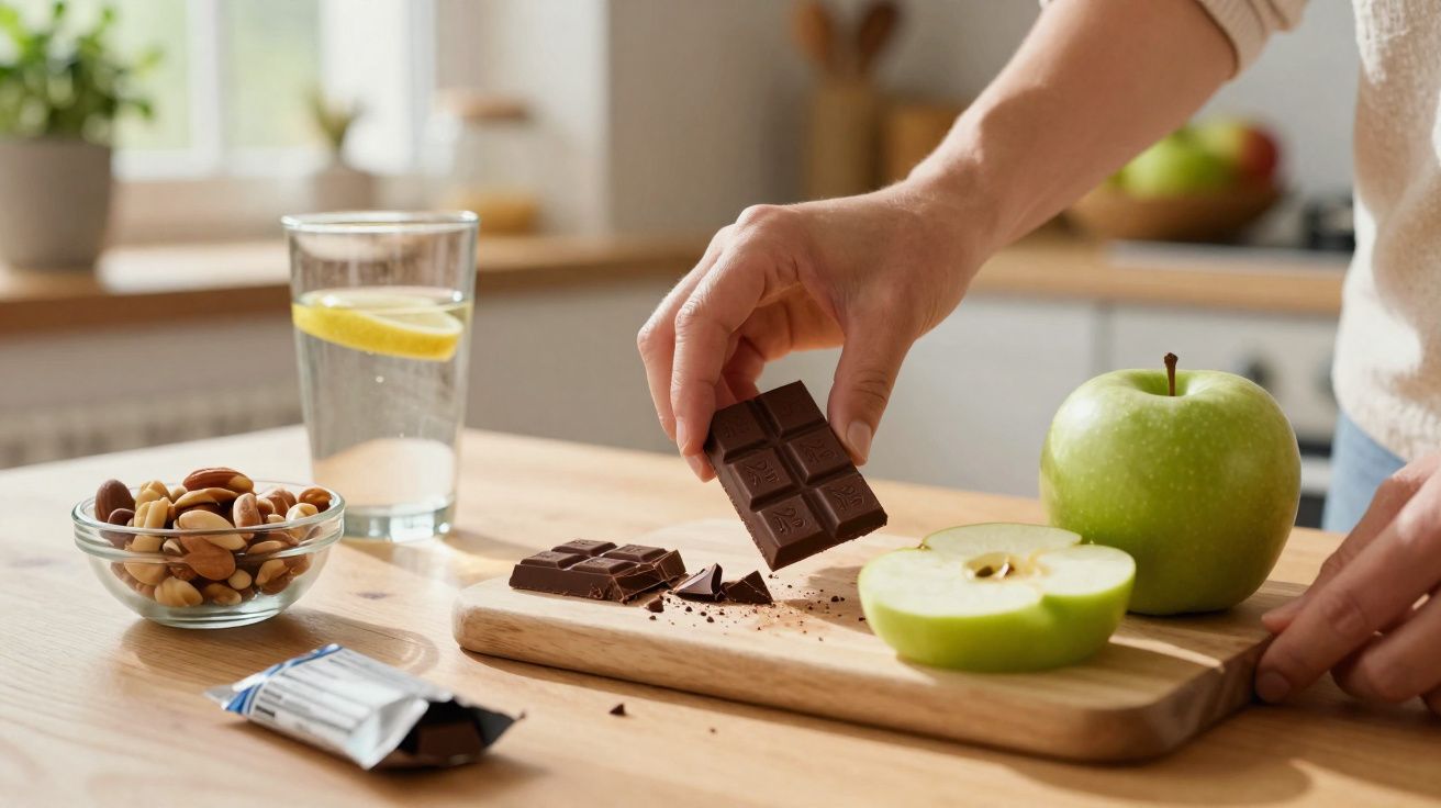 Pessoa a pegar pedaço de chocolate junto a maçã verde cortada, bowl de frutos secos e copo com água e limão.