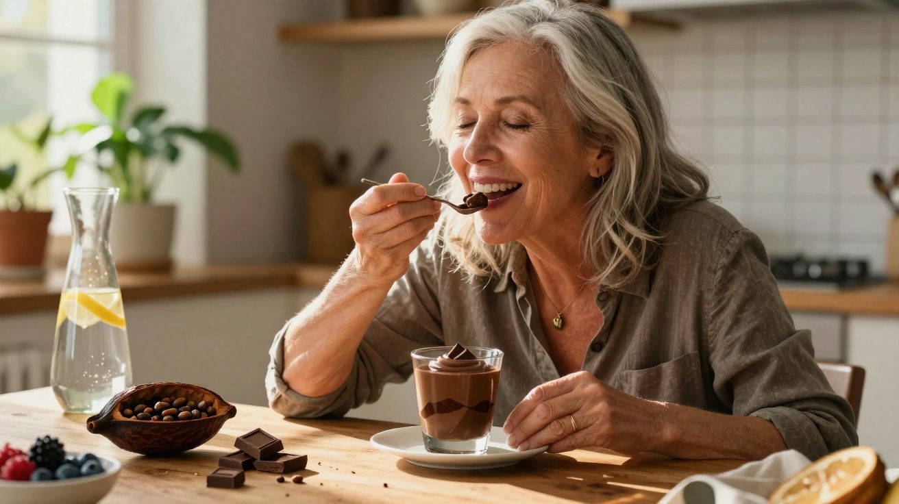Mulher sorridente a saborear mousse de chocolate sentada à mesa numa cozinha iluminada.